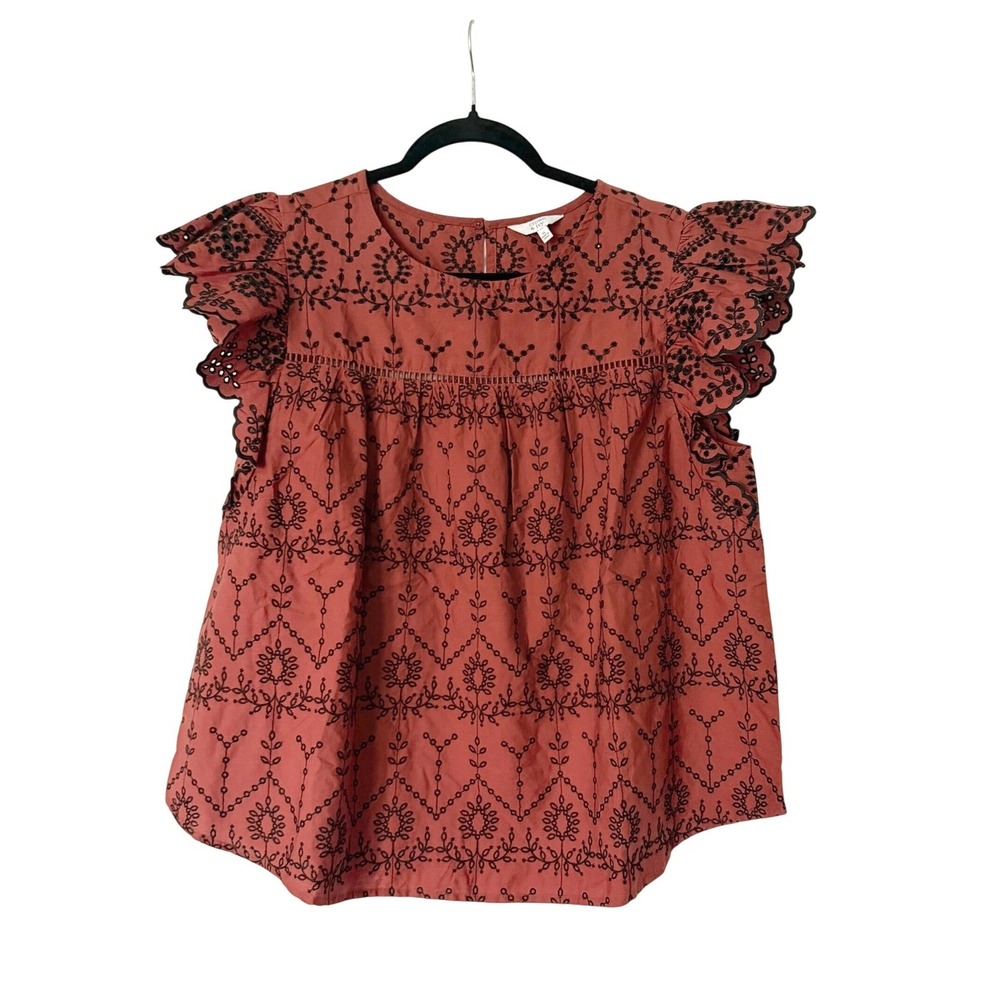 Crown & Ivy Embroidered Eyelet Women XL Burnt Orange Boho Peasant Top NWT